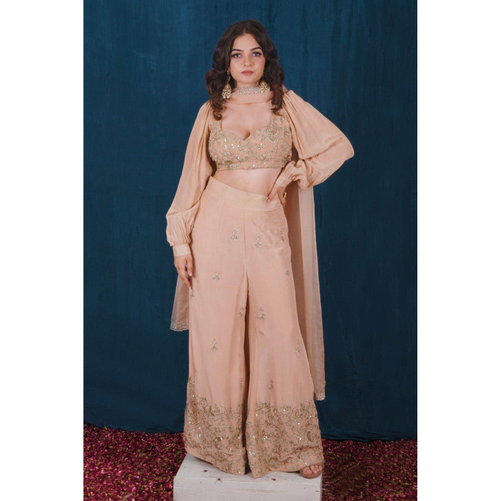 SAUBHAGYA Beige Crepe Blouse and Pant (Set of 3)