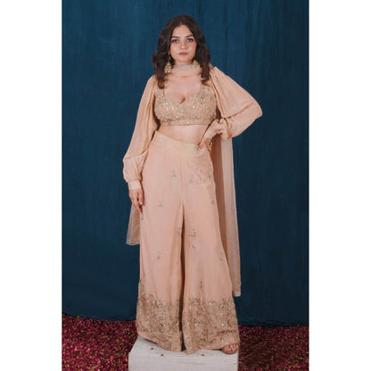 SAUBHAGYA Beige Crepe Blouse and Pant (Set of 3)