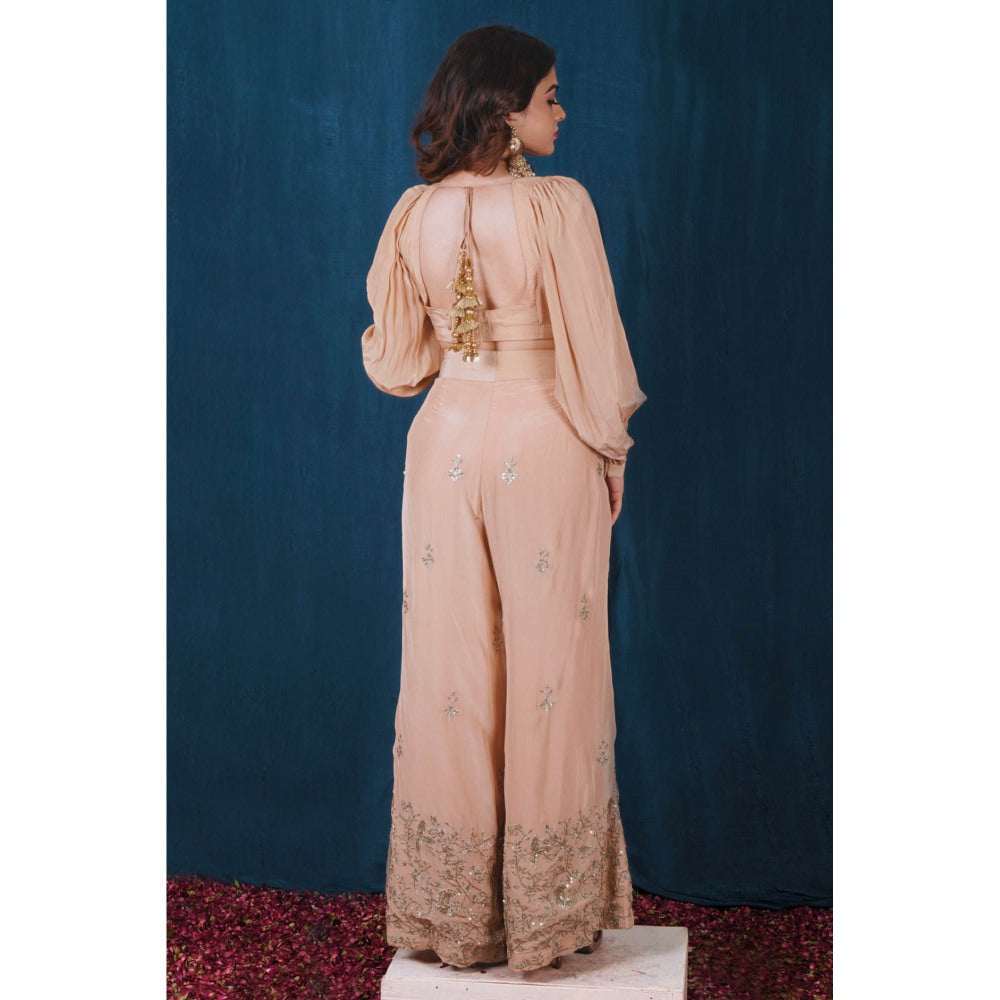 SAUBHAGYA Beige Crepe Blouse and Pant (Set of 3)