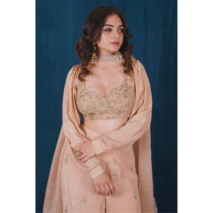 SAUBHAGYA Beige Crepe Blouse and Pant (Set of 3)