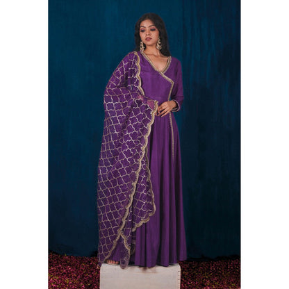 SAUBHAGYA Purple Upada Silk Angarkha and Dupatta (Set of 2)