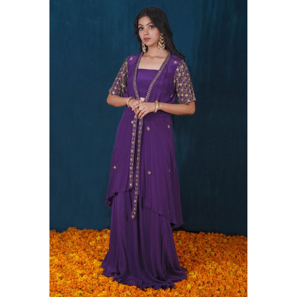SAUBHAGYA Purple Crepe Embellished Jacket with Inner and Skirt Belt (Set of 4)