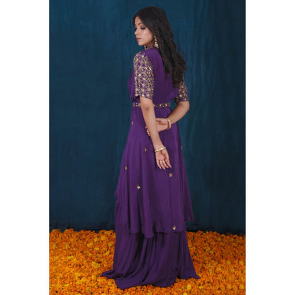SAUBHAGYA Purple Crepe Embellished Jacket with Inner and Skirt Belt (Set of 4)