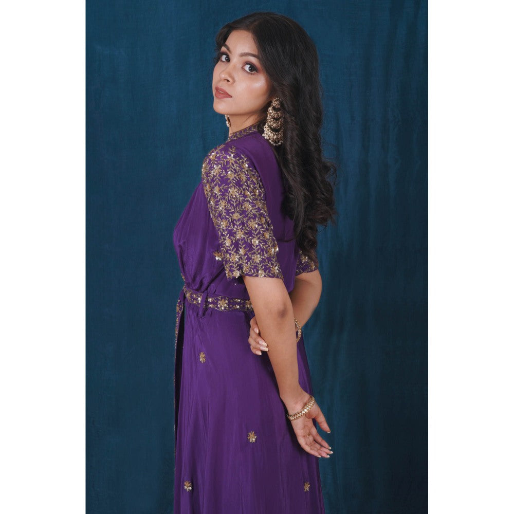 SAUBHAGYA Purple Crepe Embellished Jacket with Inner and Skirt Belt (Set of 4)