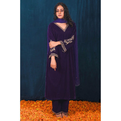 SAUBHAGYA Purple Velvet Kurta with Pant and Dupatta (Set of 3)