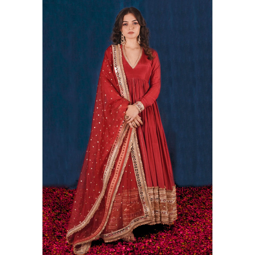 SAUBHAGYA Red Upada Silk Anarkali and Red Heavy Dupatta (Set of 2)