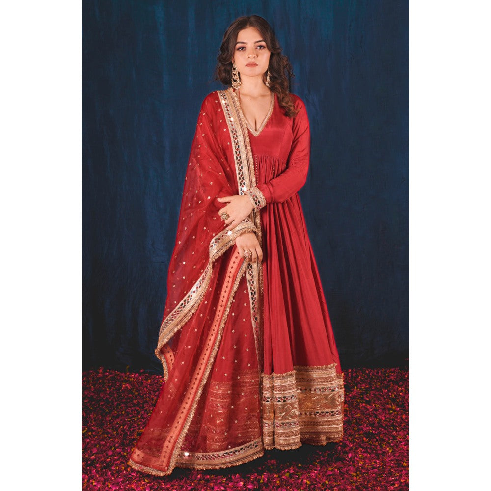 SAUBHAGYA Red Upada Silk Anarkali and Red Heavy Dupatta (Set of 2)
