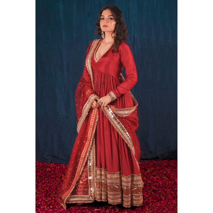 SAUBHAGYA Red Upada Silk Anarkali and Red Heavy Dupatta (Set of 2)