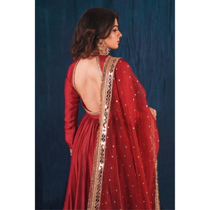 SAUBHAGYA Red Upada Silk Anarkali and Red Heavy Dupatta (Set of 2)