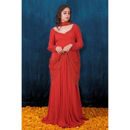SAUBHAGYA Red Crepe Embellished Anarkali and Dupatta (Set of 2)