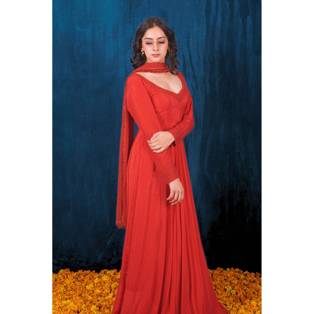 SAUBHAGYA Red Crepe Embellished Anarkali and Dupatta (Set of 2)