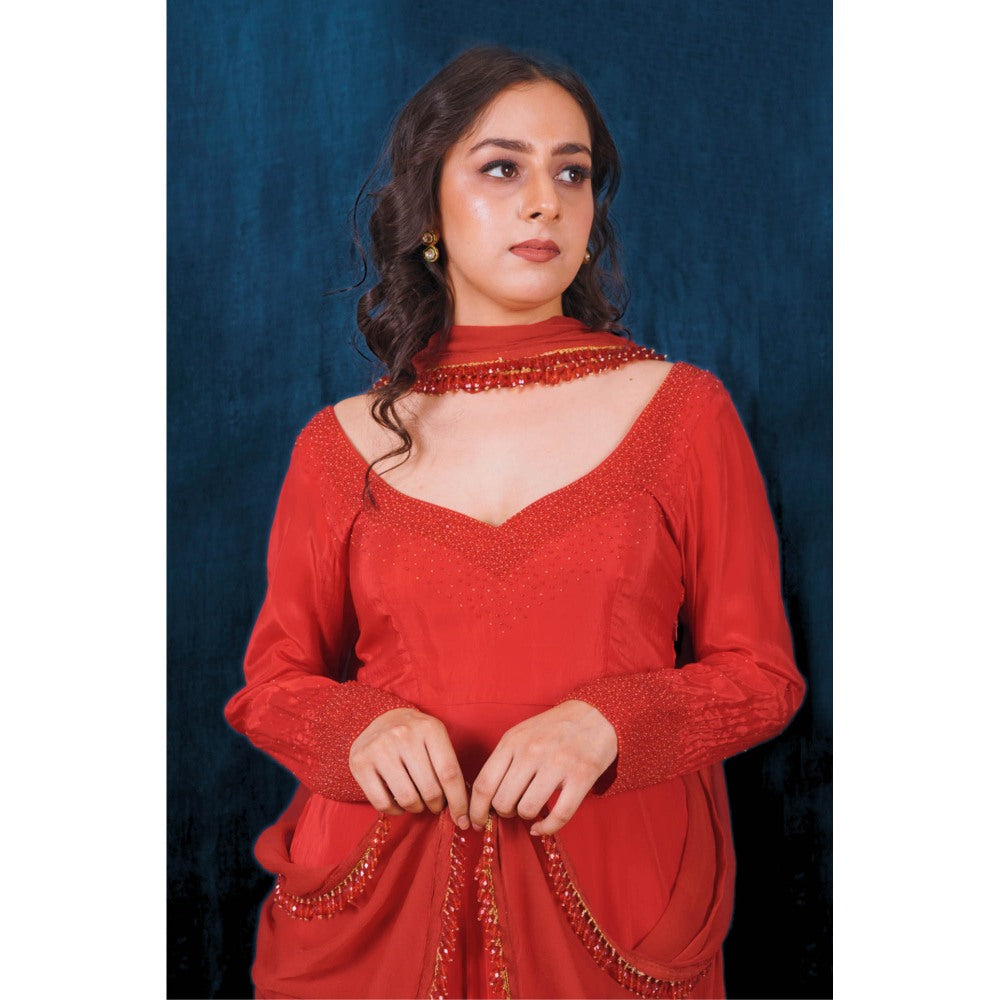 SAUBHAGYA Red Crepe Embellished Anarkali and Dupatta (Set of 2)