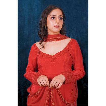 SAUBHAGYA Red Crepe Embellished Anarkali and Dupatta (Set of 2)