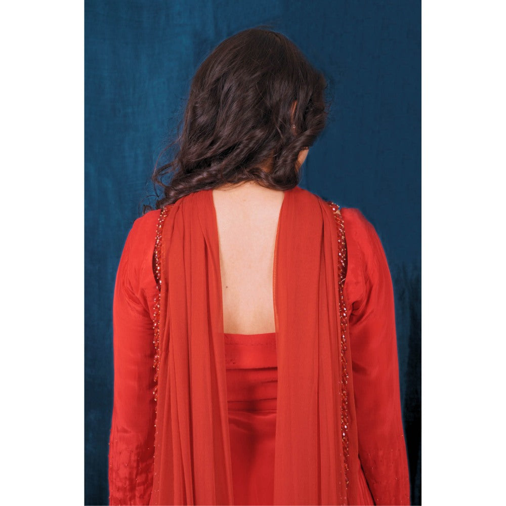 SAUBHAGYA Red Crepe Embellished Anarkali and Dupatta (Set of 2)