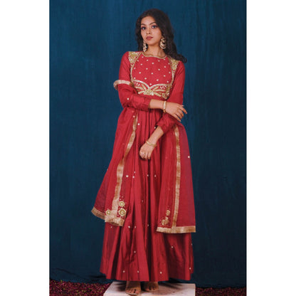 SAUBHAGYA Red Embroidered Anarkali and Dupatta (Set of 2)