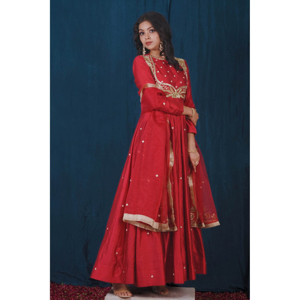 SAUBHAGYA Red Embroidered Anarkali and Dupatta (Set of 2)