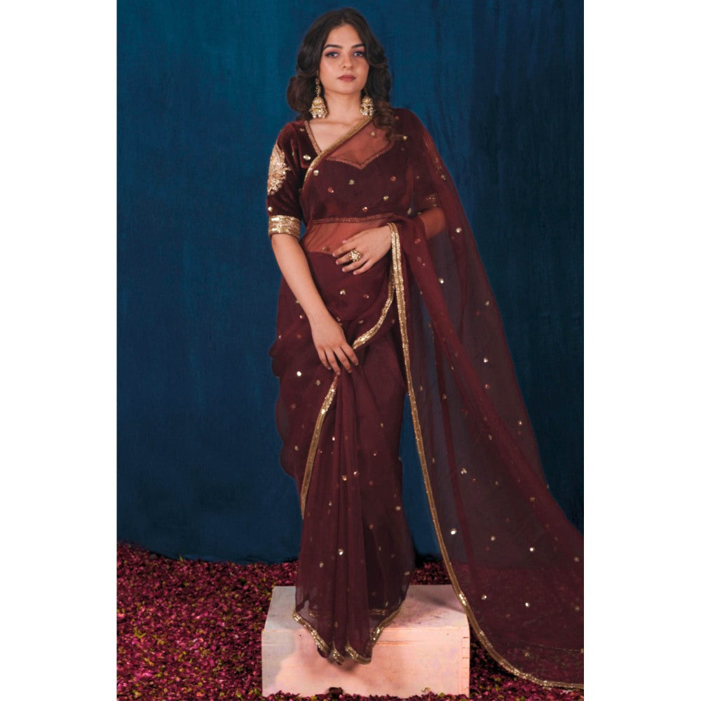 SAUBHAGYA Maroon Velvet Organza Saree with Stitched Blouse