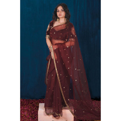 SAUBHAGYA Maroon Velvet Organza Saree with Stitched Blouse