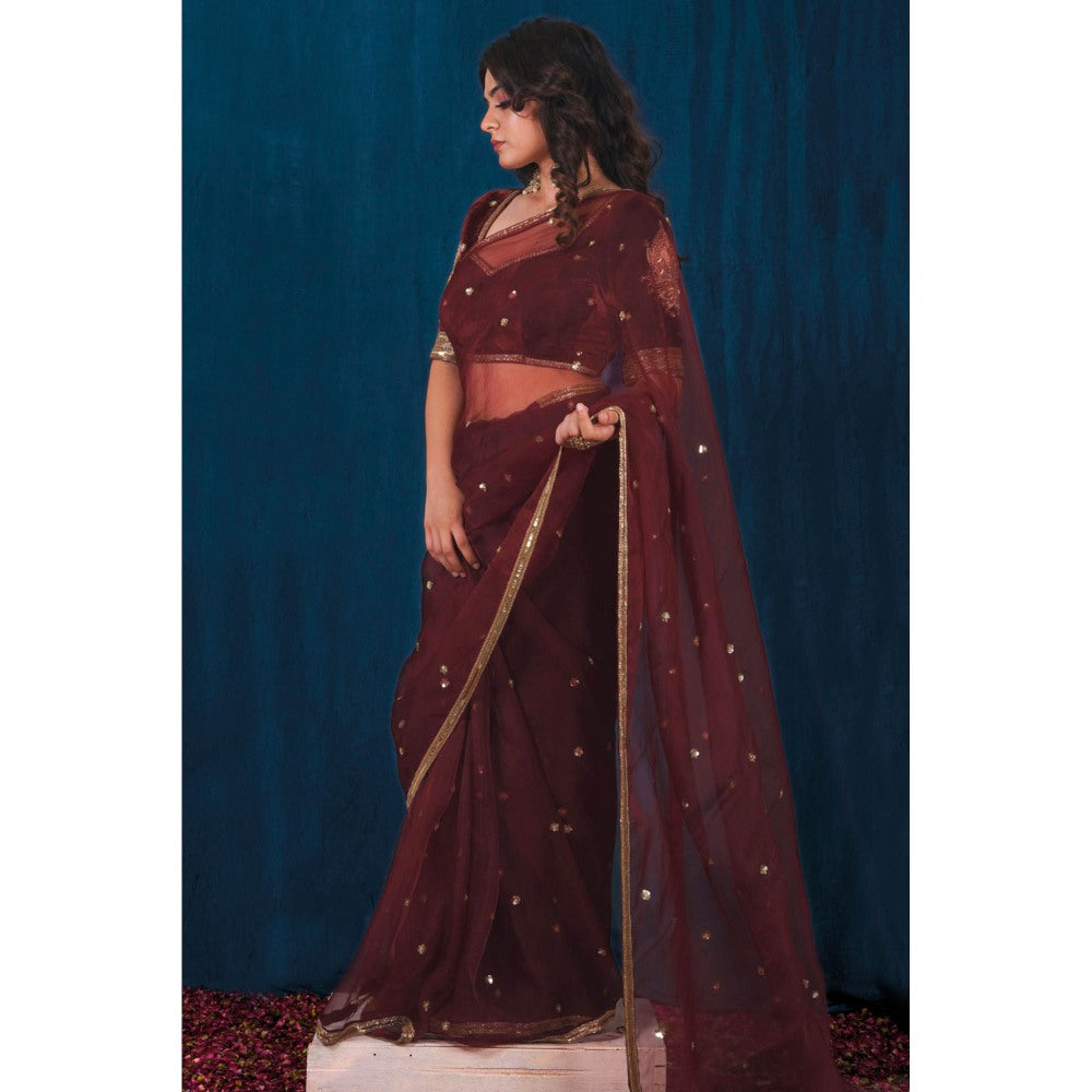 SAUBHAGYA Maroon Velvet Organza Saree with Stitched Blouse