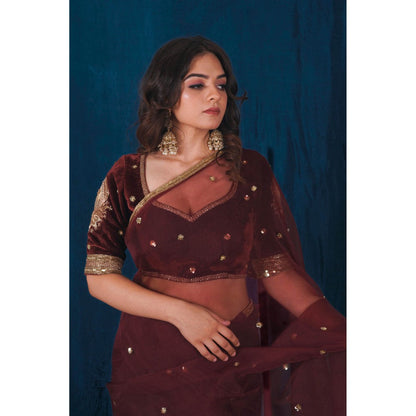 SAUBHAGYA Maroon Velvet Organza Saree with Stitched Blouse