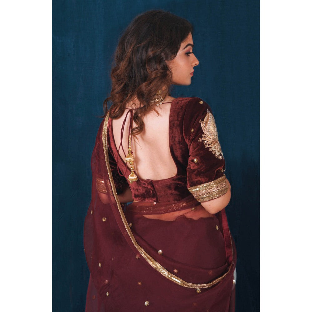 SAUBHAGYA Maroon Velvet Organza Saree with Stitched Blouse