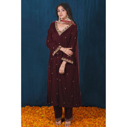 SAUBHAGYA Maroon Velvet Kurta with Pant and Dupatta (Set of 3)