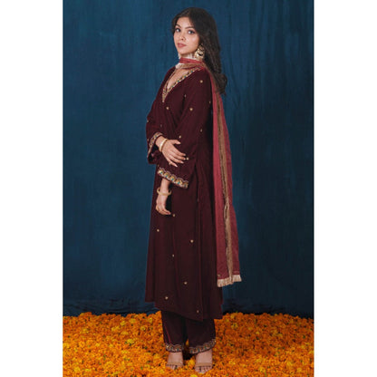 SAUBHAGYA Maroon Velvet Kurta with Pant and Dupatta (Set of 3)