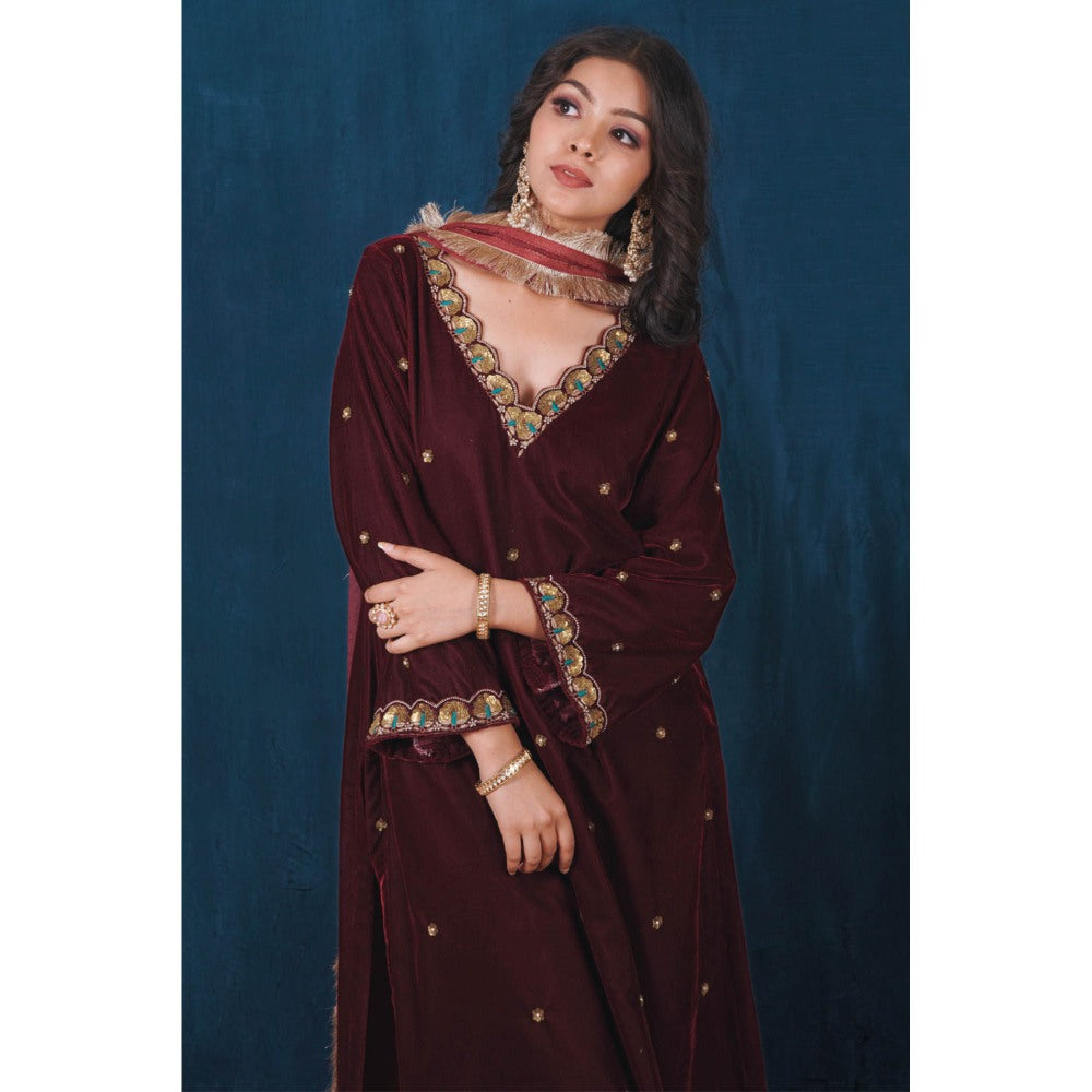 SAUBHAGYA Maroon Velvet Kurta with Pant and Dupatta (Set of 3)