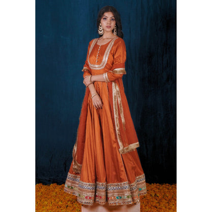 SAUBHAGYA Orange Silk Gota Work Anarkali and Dupatta (Set of 2)