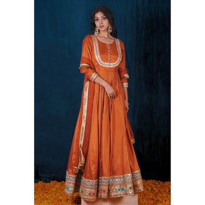 SAUBHAGYA Orange Silk Gota Work Anarkali and Dupatta (Set of 2)