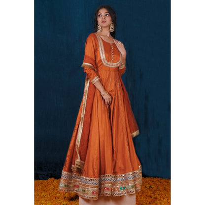 SAUBHAGYA Orange Silk Gota Work Anarkali and Dupatta (Set of 2)