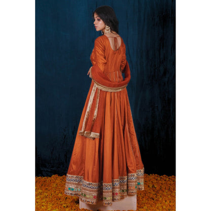 SAUBHAGYA Orange Silk Gota Work Anarkali and Dupatta (Set of 2)