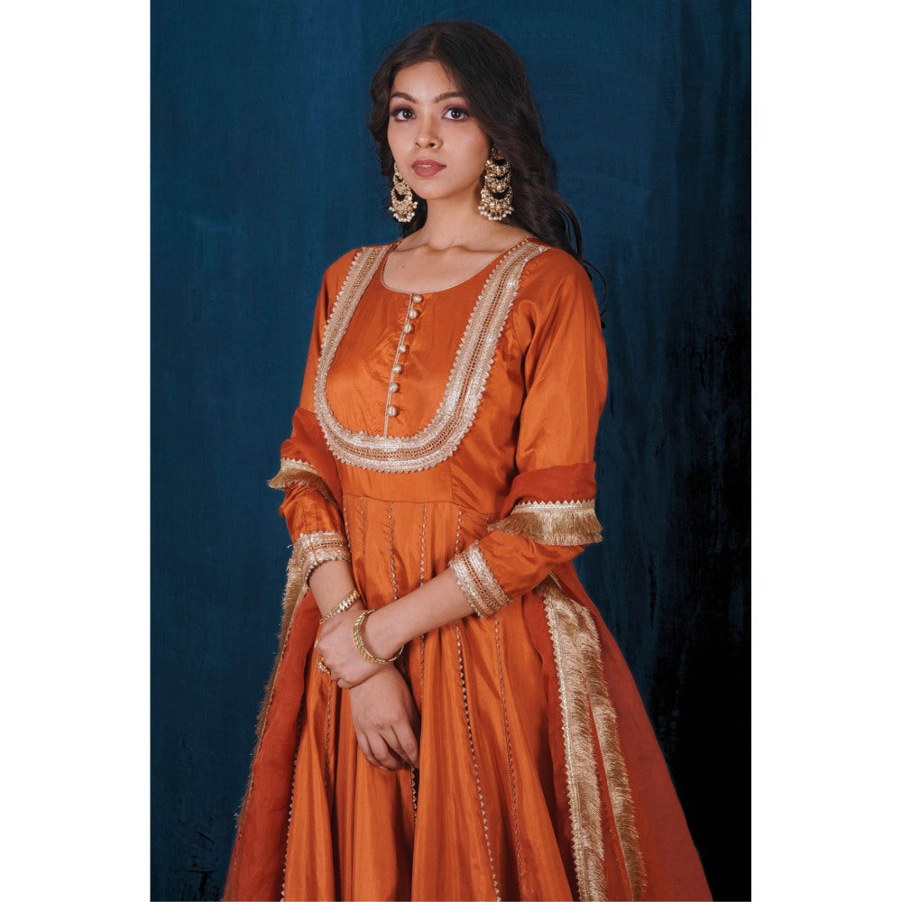 SAUBHAGYA Orange Silk Gota Work Anarkali and Dupatta (Set of 2)