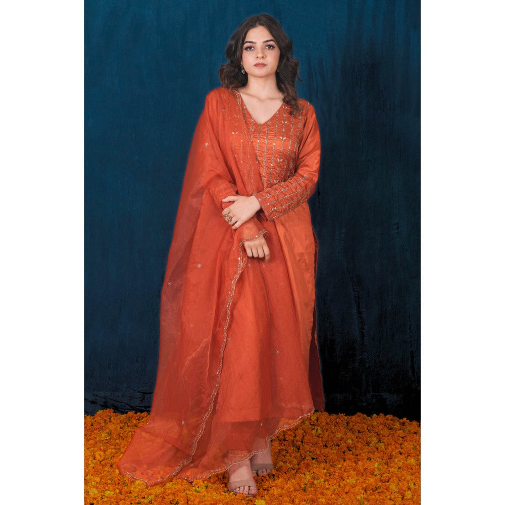 SAUBHAGYA Orange Silk Kurta with Pant and Dupatta (Set of 3)