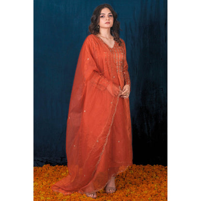 SAUBHAGYA Orange Silk Kurta with Pant and Dupatta (Set of 3)