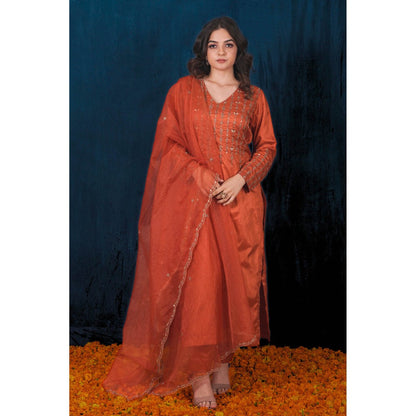 SAUBHAGYA Orange Silk Kurta with Pant and Dupatta (Set of 3)