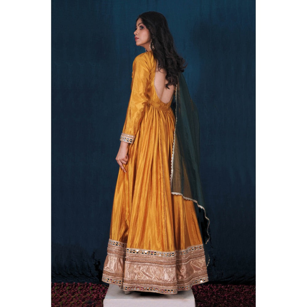SAUBHAGYA Mustard Silk Gota Work Anarkali and Dupatta (Set of 2)