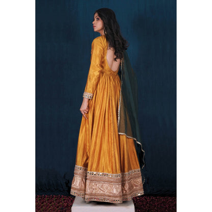 SAUBHAGYA Mustard Silk Gota Work Anarkali and Dupatta (Set of 2)