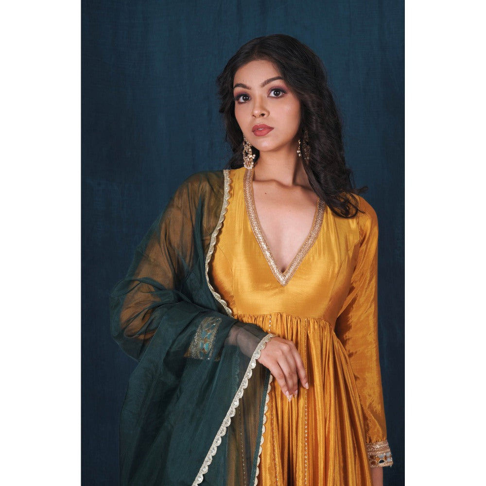 SAUBHAGYA Mustard Silk Gota Work Anarkali and Dupatta (Set of 2)