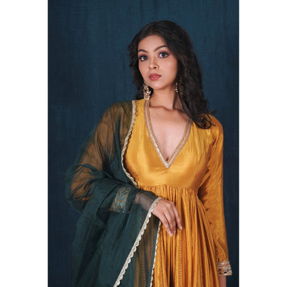 SAUBHAGYA Mustard Silk Gota Work Anarkali and Dupatta (Set of 2)