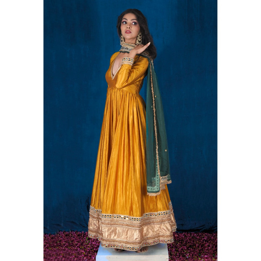 SAUBHAGYA Mustard Silk Gota Work Anarkali and Dupatta (Set of 2)