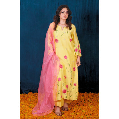 SAUBHAGYA Yellow Silk Chanderi Floral Embellished Kurta with Pant and Dupatta (Set of 3)