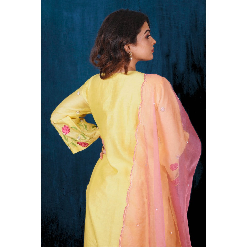 SAUBHAGYA Yellow Silk Chanderi Floral Embellished Kurta with Pant and Dupatta (Set of 3)