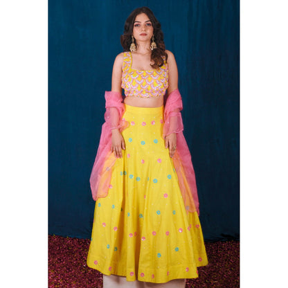 SAUBHAGYA Yellow Dupion Embellished Blouse with Lehenga and Dupatta (Set of 3)