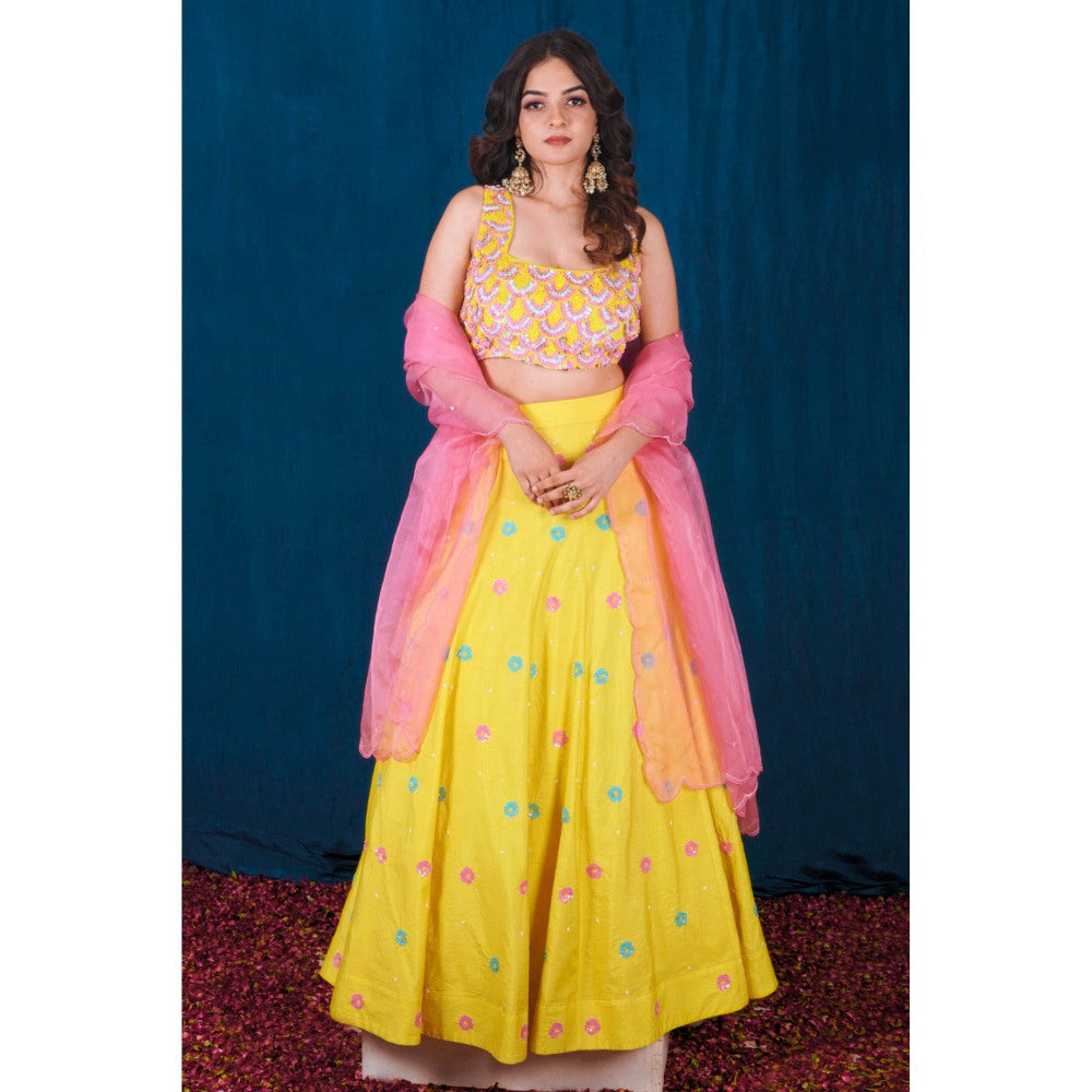 SAUBHAGYA Yellow Dupion Embellished Blouse with Lehenga and Dupatta (Set of 3)