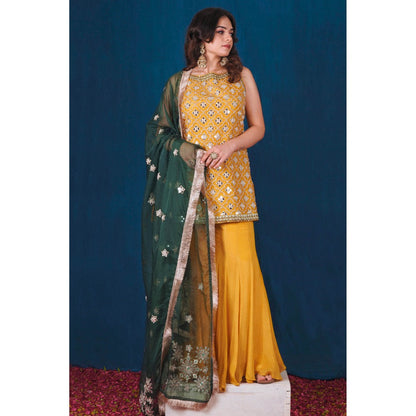 SAUBHAGYA Multi-Color Mirror Work Kurta with Sharara and Dupatta (Set of 3)