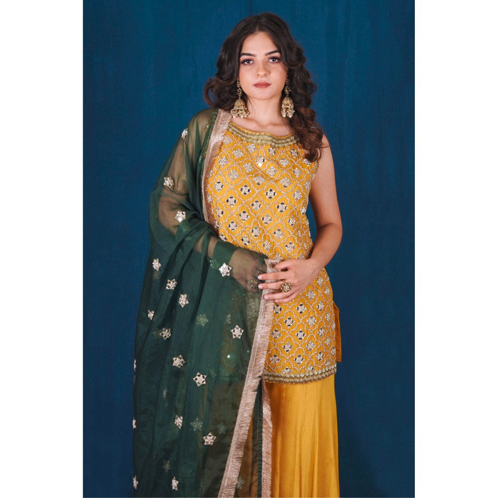 SAUBHAGYA Multi-Color Mirror Work Kurta with Sharara and Dupatta (Set of 3)