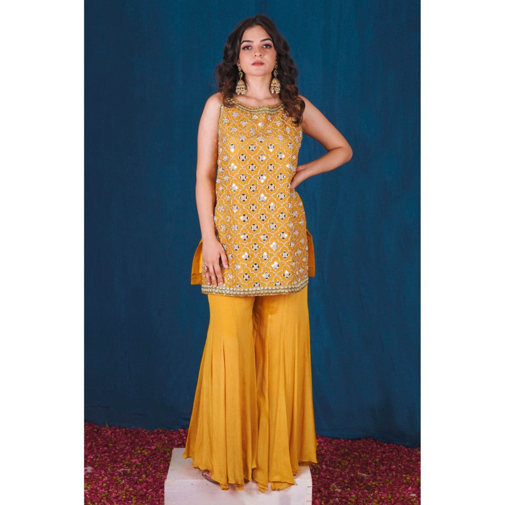SAUBHAGYA Multi-Color Mirror Work Kurta with Sharara and Dupatta (Set of 3)
