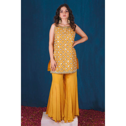 SAUBHAGYA Multi-Color Mirror Work Kurta with Sharara and Dupatta (Set of 3)