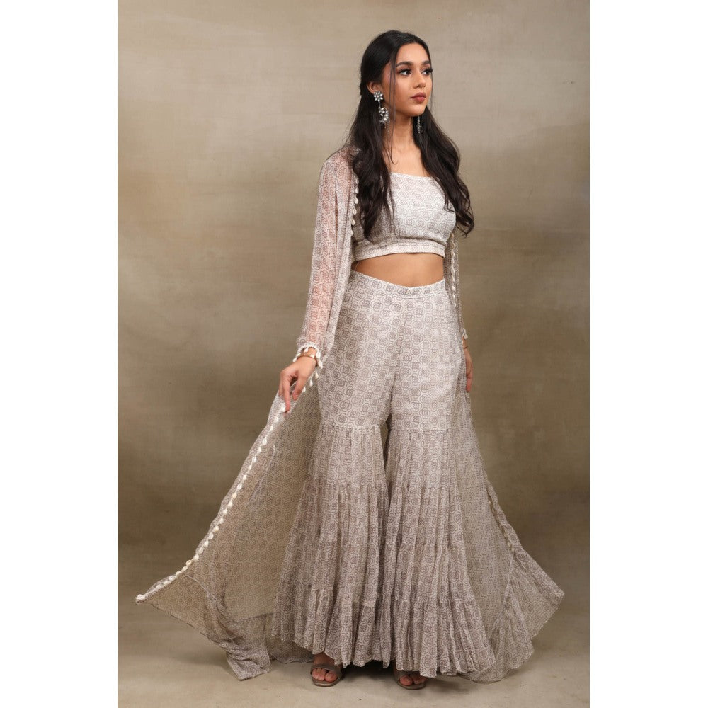 SAUBHAGYA Grey Hand Block Print Chiffon Blouse with Sharara and Cape (Set of 3)